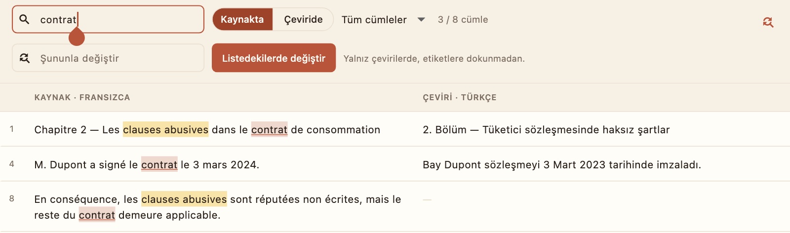 Arama çubuğu: kaynakta “contrat” aranıyor, 8 cümleden 3'ü listeleniyor; altında “Şununla değiştir” alanı ve “Listedekilerde değiştir” düğmesi.